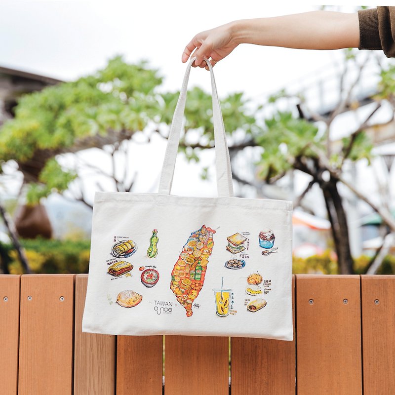 Canvas Tote Bag － Taiwan Food Map - กระเป๋าแมสเซนเจอร์ - ผ้าฝ้าย/ผ้าลินิน ขาว
