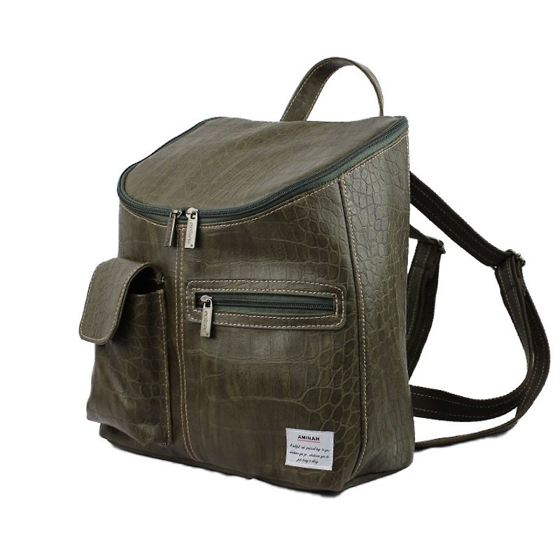 AMINAH-Olive Green Texture Crocodile Pattern Backpack【am-0308】 - กระเป๋าเป้สะพายหลัง - หนังเทียม สีเขียว
