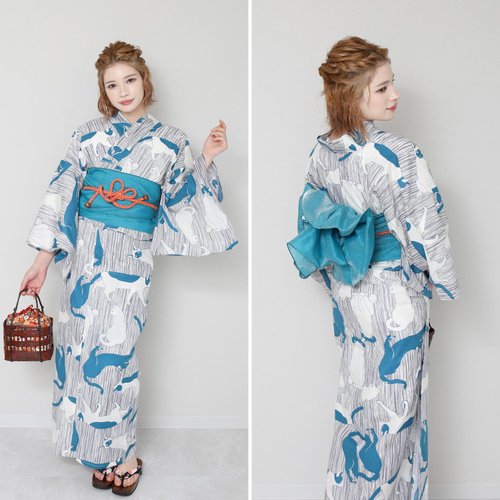 レディース 猫柄 浴衣 帯 2点セット F サイズ x23-05 yukata
