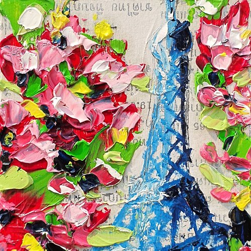 marina-fisher-art Peony Painting Flowers France Original Art Floral Paris ACEO Roses Eiffel Tower