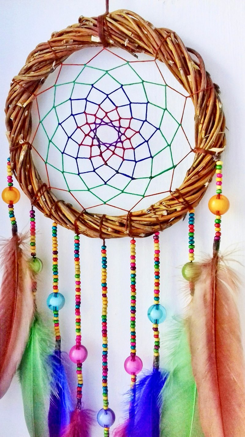 Rainbow Natural Dreamcatcher With Willow Hoop Wall Decor For Bedroom - ตกแต่งผนัง - งานปัก หลากหลายสี