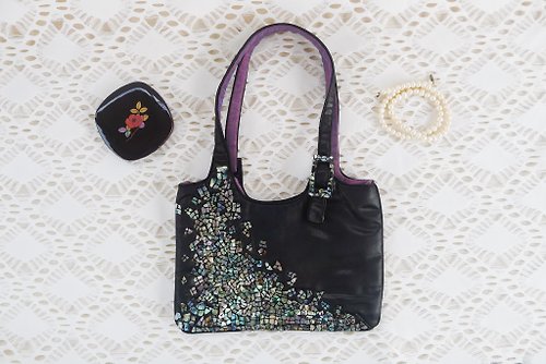 puremorningvintage Vintage Samantha Heskia London Black Satin Abalone Embellished Evening Bag, smal