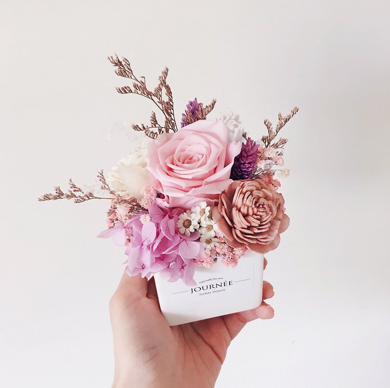 journee Pink Everlasting Rose Potted Flower Gift Box/Dry Flower Potted Christmas Gift Opening Flower Ceremony - ช่อดอกไม้แห้ง - พืช/ดอกไม้ สึชมพู