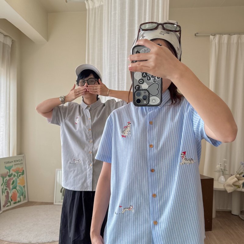 刺绣衬衫 (Embroidery Shirt) : 蓝色条纹 (Stripe) : 斑点狗 - 女襯衫 - 棉．麻 藍色