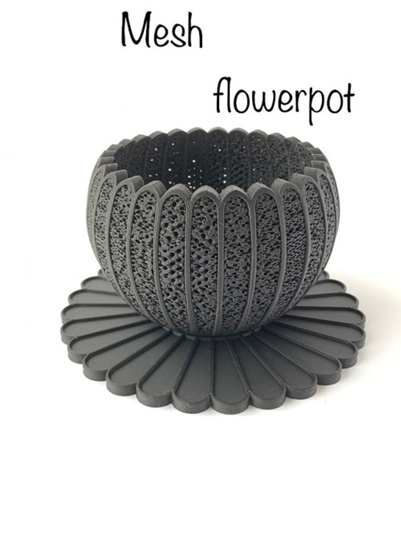 Mesh flower pot and pot plate set - เซรามิก - พลาสติก สีดำ