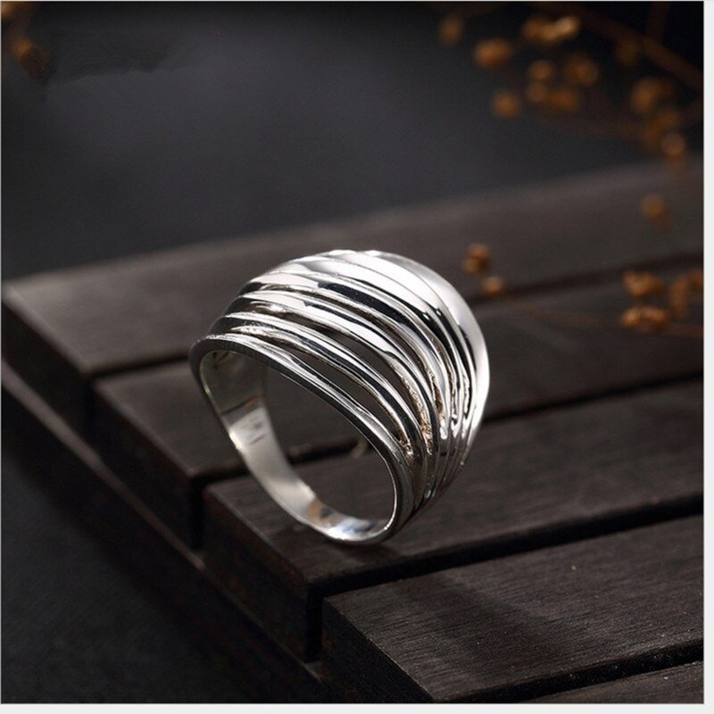 Real 925 Sterling Silver Fine Jewelry Personalized Hollow Wide Rings 7 Circles - 戒指 - 純銀 銀色