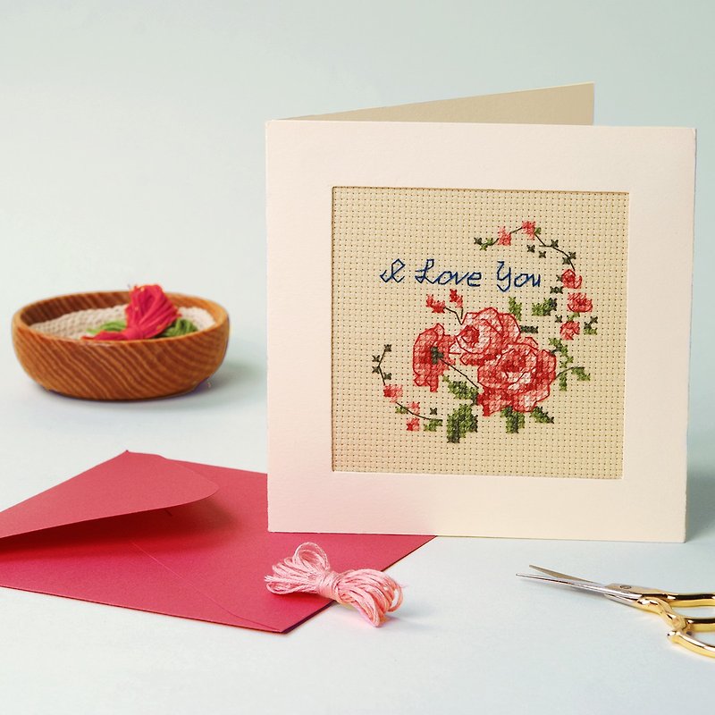 【I love you】Floral Card - Cross Stitch Kit | Xiu Crafts - การ์ด/โปสการ์ด - งานปัก หลากหลายสี