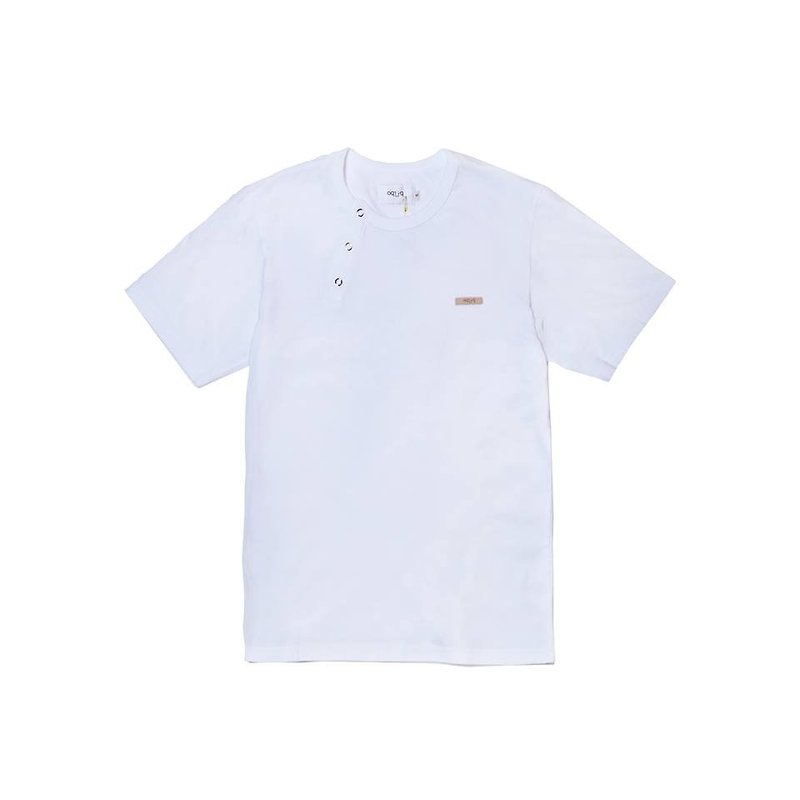 oqLiq  - 片道襟襟面Tシャツ（ホワイトコットン） - Tシャツ メンズ - コットン・麻 ホワイト