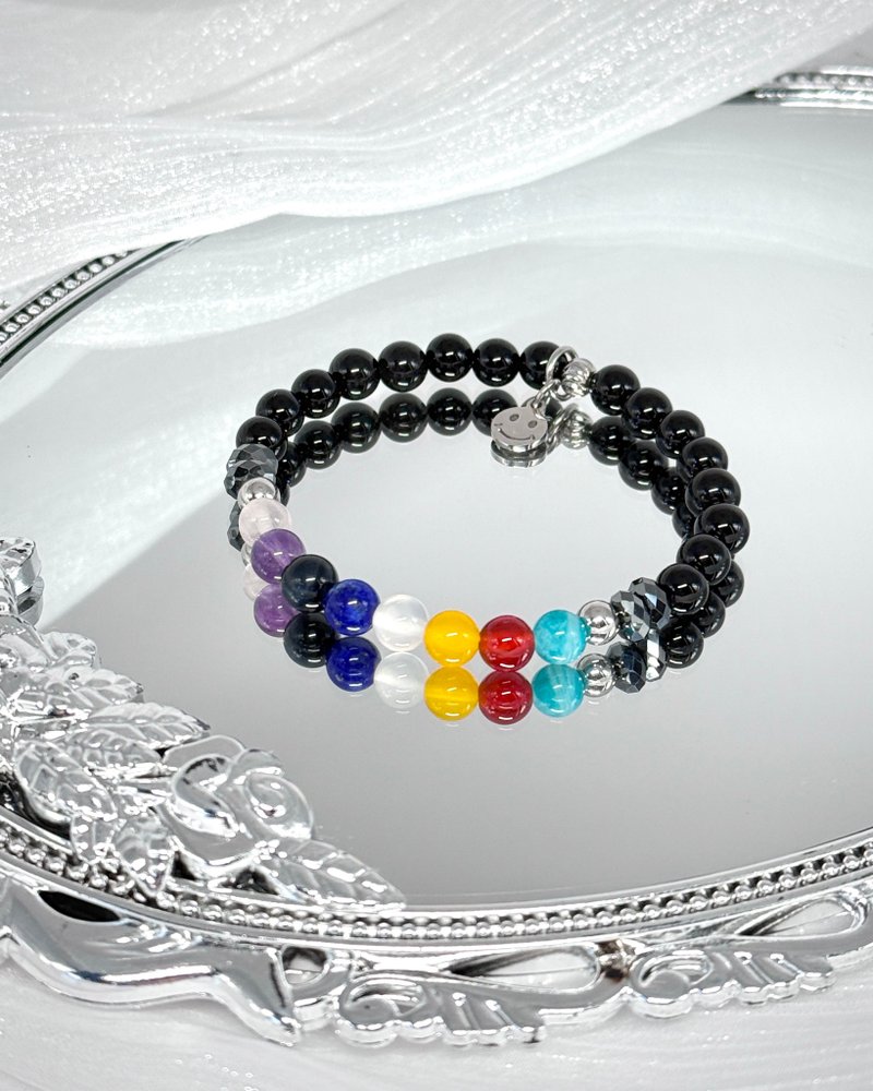 幸運繩彩虹手環 - 醫療鋼配飾/彩虹五行水晶/黑碧璽 - 手鍊/手環 - 水晶 多色