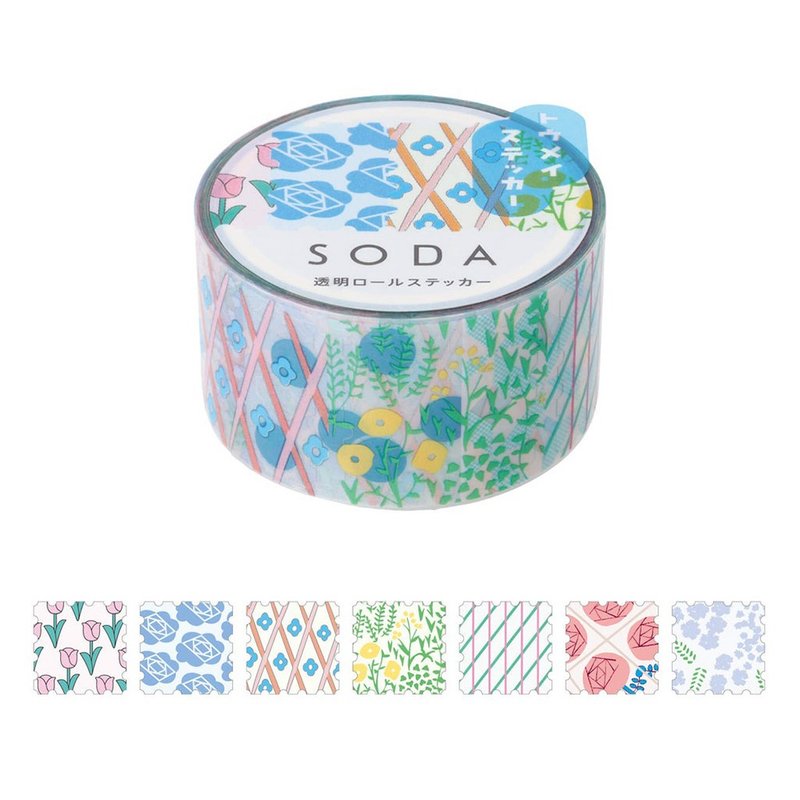 【HITOTOKI】SODA Transparent PET Roll Tape Single Sticker 20MM Flower Stamp - Washi Tape - Other Materials Multicolor