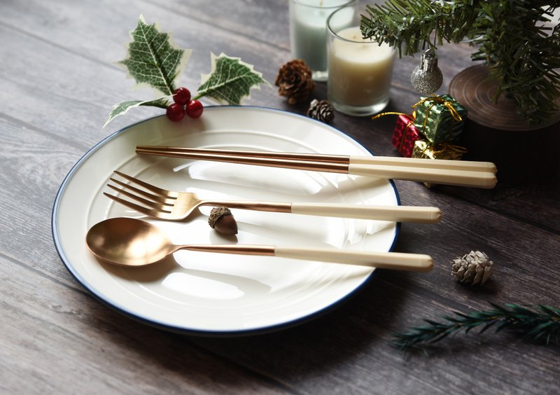 【聖誕禮盒】304不鏽鋼玫瑰白餐具|湯匙、筷子、叉子 - 刀叉/湯匙/餐具組 - 不鏽鋼 