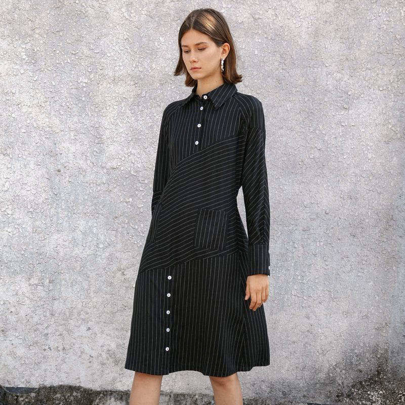 非対称パッチワークストライプコントラストボタン長袖ドレス - ワンピース - その他の素材 ブラック
