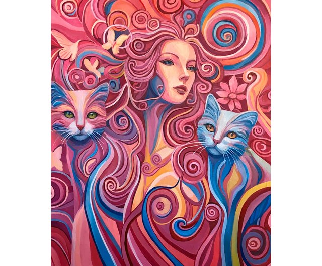 ピンクの夢の世界、オリジナル油絵、女の子、動物、猫
