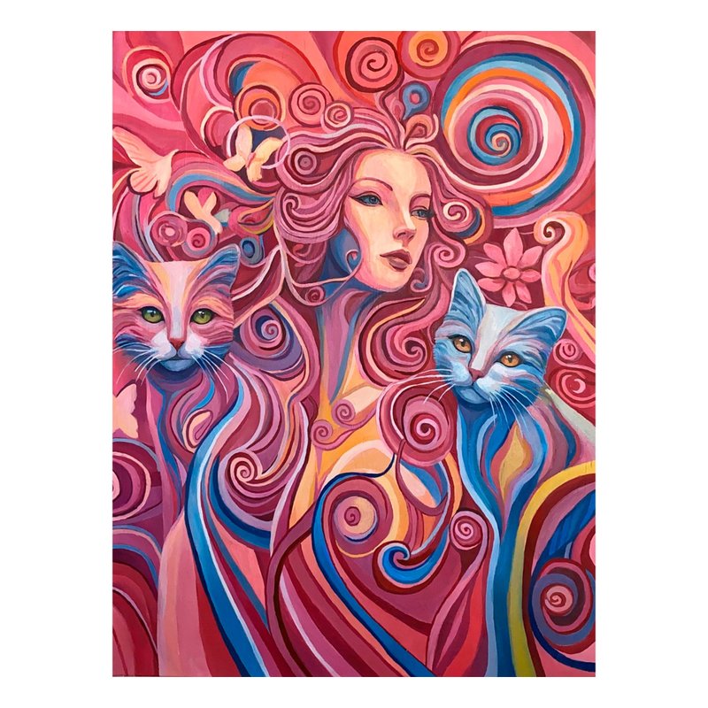 In the world of pink dreams,original oil painting,girl,animal,cats - 壁貼/牆壁裝飾 - 羊毛 粉紅色