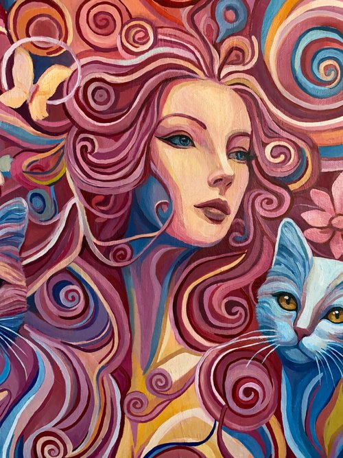 ピンクの夢の世界、オリジナル油絵、女の子、動物、猫
