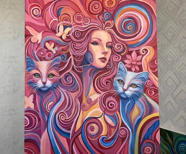 ピンクの夢の世界、オリジナル油絵、女の子、動物、猫 - ショップ