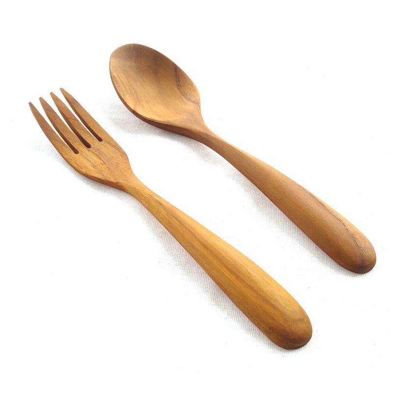 KOUPREY Vintage Natural Brown Teak Wooden Dining Spoon and Fork Set - Cutlery & Flatware - Wood 