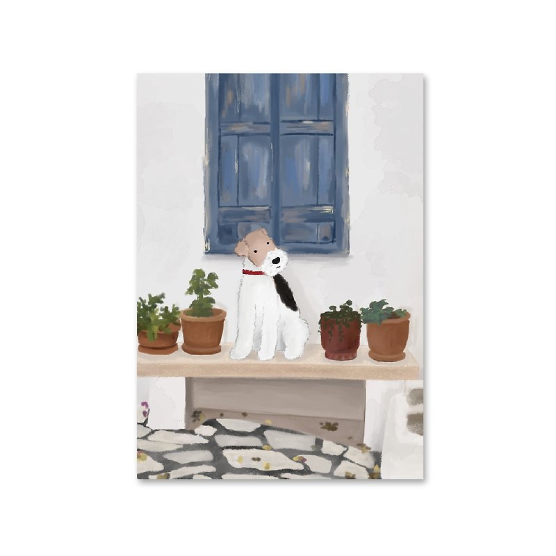 Wirefoxterrier postcard ~ watercolor painting in front of window steps - Cards & Postcards - Paper White
