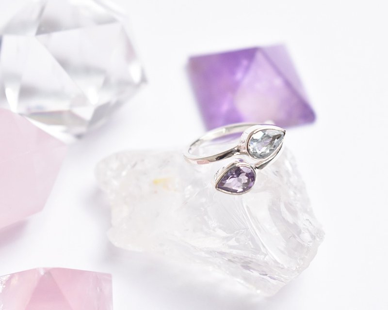 Aquamarine and Amethyst Double Stone Silver Ring – 925 Sterling Silver Fork Ring - 戒指 - 寶石 紫色