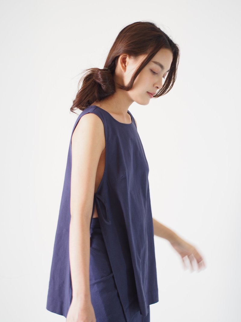 ByTheSea Holiday - Tie Top - Navy - 女上衣/長袖上衣 - 棉．麻 藍色