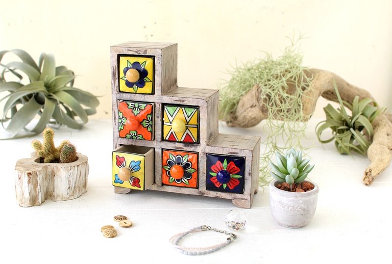 [Pre-order] Bohemian tile style colorful six-compartment storage box - Storage - Wood Multicolor