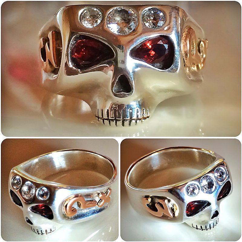 Johnny Depp Skull Ring with Golden Symbols & Stones Handcrafted - 戒指 - 純銀 銀色