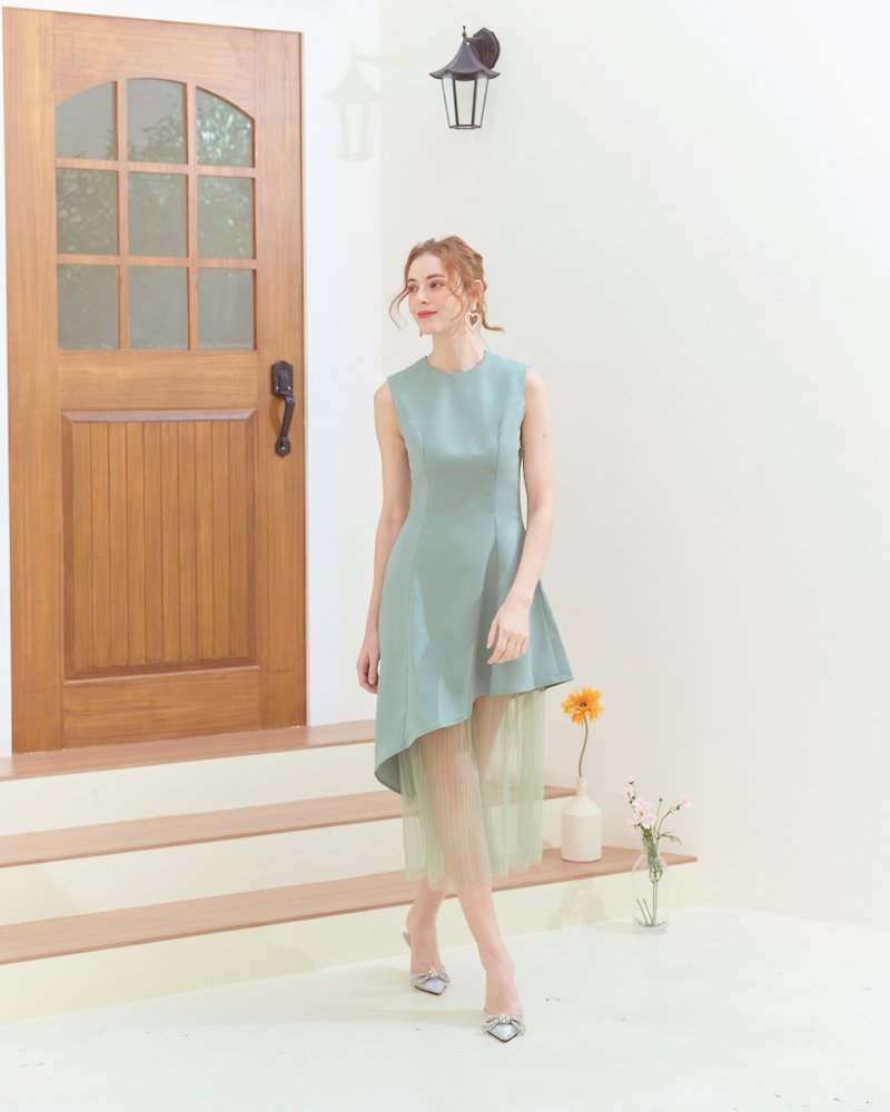 CAPHENY Pale Green Asymmetric Dress (Cocktail dress, party dress, evening dress) - One Piece Dresses - Polyester Green