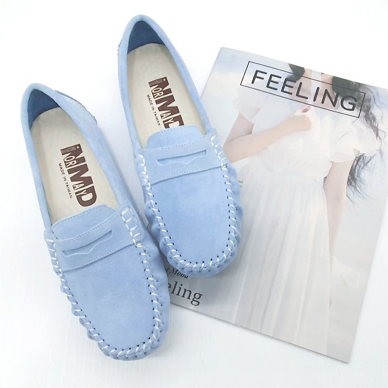 Cow Suede Suede Lok Fu Magnetic Leather Beanie Shoes (Fresh Blue) - รองเท้าอ็อกฟอร์ดผู้หญิง - หนังแท้ สีน้ำเงิน