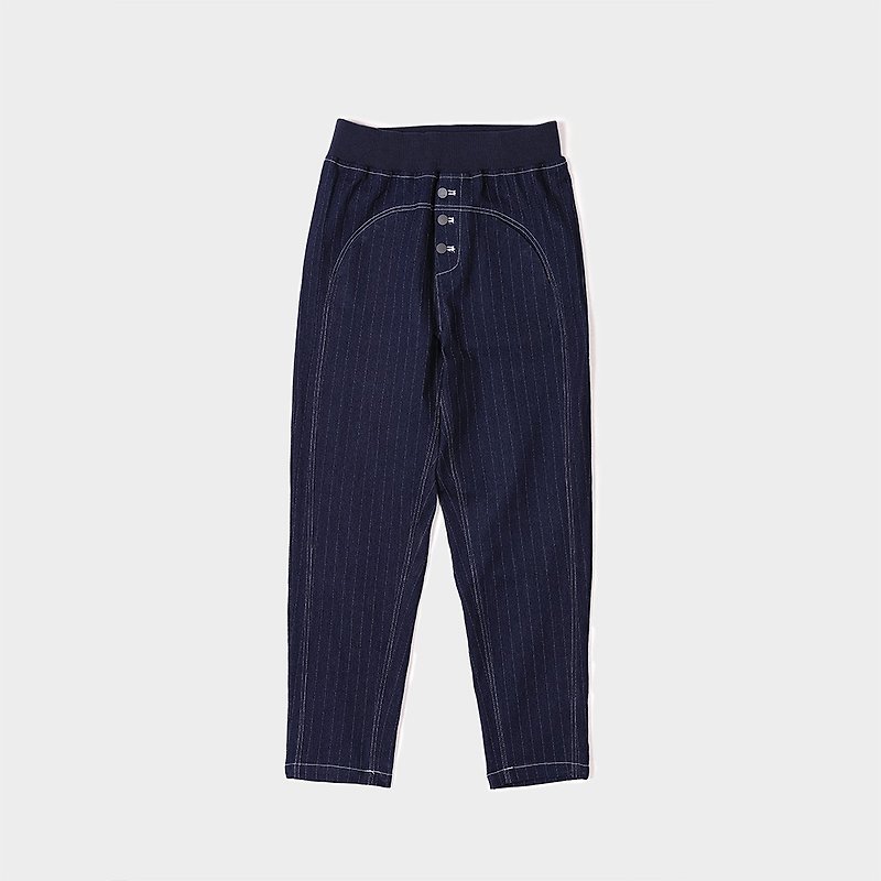 Rib waist vertical stripes nine points micro-jeans denim pants - กางเกงขายาว - ผ้าฝ้าย/ผ้าลินิน สีน้ำเงิน