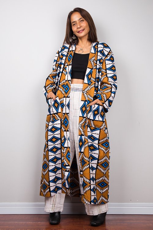 khaesri-handworks Ankara Long cardigan, african print with long sleeve and pockets, one of a kind