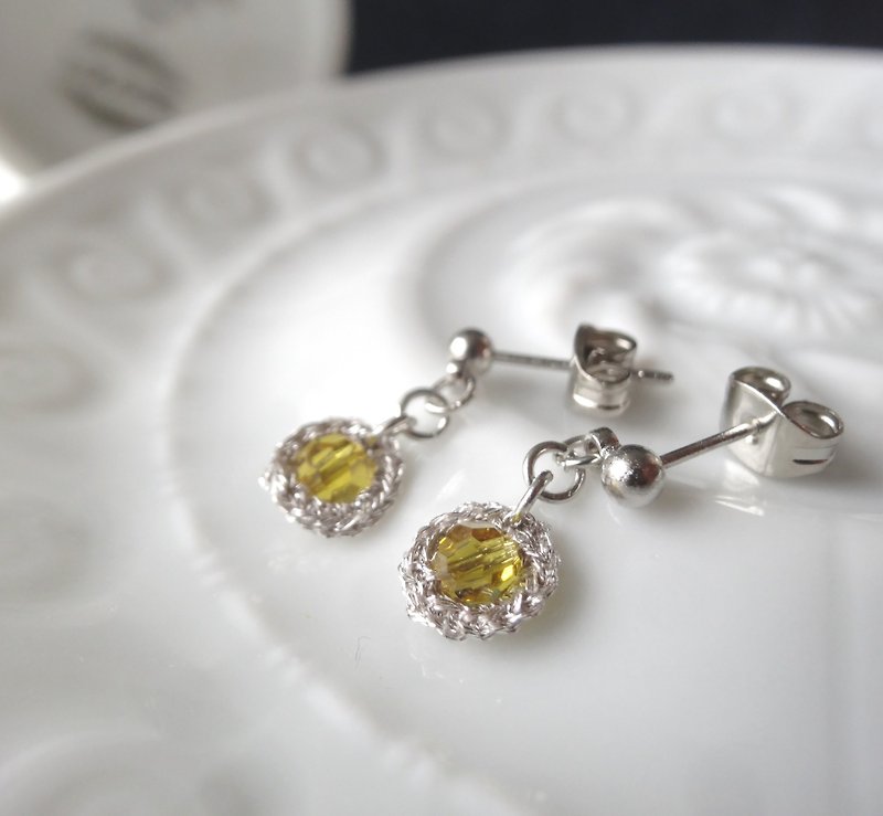 yellow swarovski  pierce with silver circle - Earrings & Clip-ons - Glass Yellow