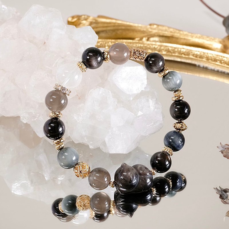 Double Silver obsidian Stone tiger eye black moonlight eagle eye Stone blue needle crystal cat bracelet mineral crystal - สร้อยข้อมือ - เครื่องเพชรพลอย สีดำ