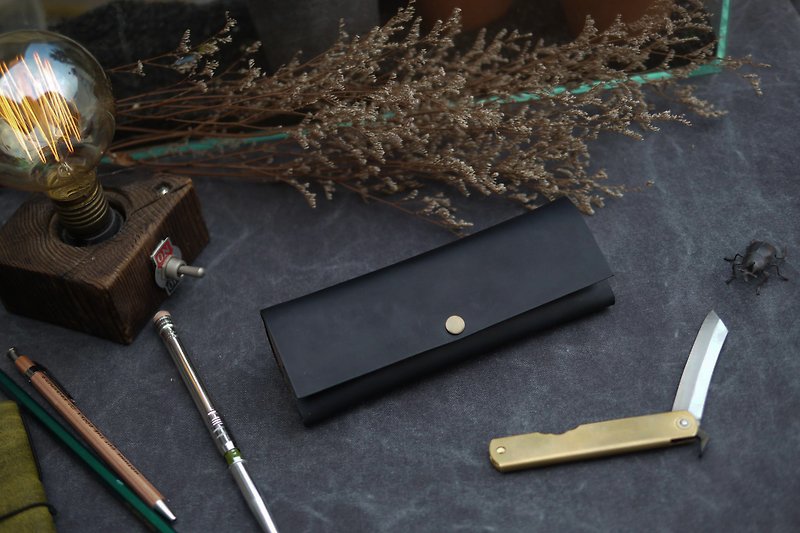 Wood x Leather Series | Teak Leather Bag | Teak Pencil Case | Glasses Case | Italian Vegetable Tanned Leather | Black - กล่องดินสอ/ถุงดินสอ - หนังแท้ สีดำ