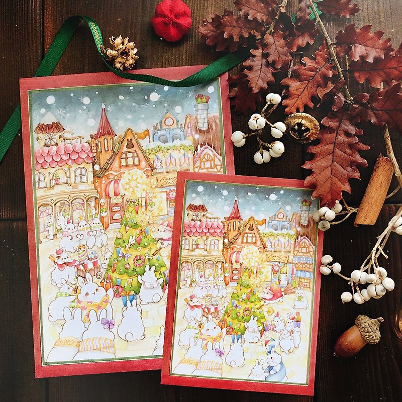 Little Rabbit Christmas Warm Night－A5 Card/A6 Postcard - Cards & Postcards - Paper Red