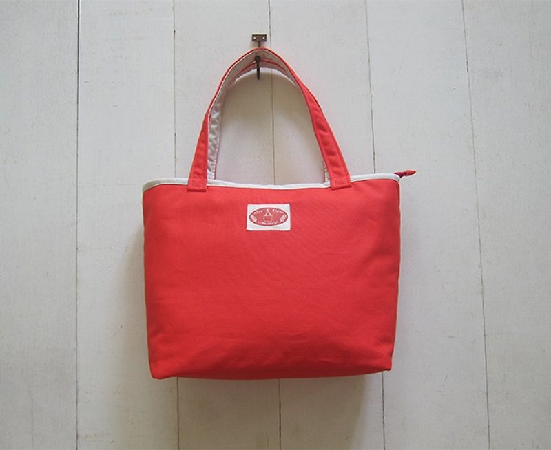 Macaron series - canvas medium tote bag (zipper opening) orange red + white - Messenger Bags & Sling Bags - Cotton & Hemp Red