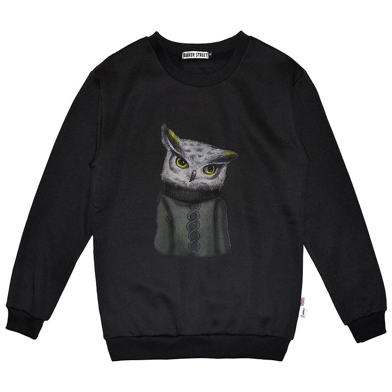 British Fashion Brand -Baker Street- Owl Printed Sweatshirt - เสื้อฮู้ด - ผ้าฝ้าย/ผ้าลินิน สีดำ