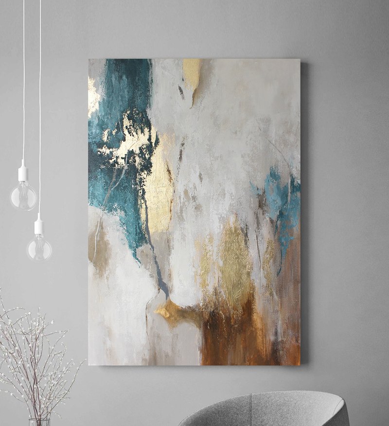 Teal and gold wall art | Teal abstract wall art | Emerald Flow - 壁貼/牆壁裝飾 - 棉．麻 綠色