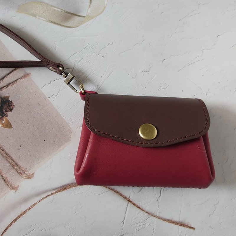 Flip-top multi-layer card coin storage bag - with handle strap - vegetable tanned cowhide - hand-stitched - กระเป๋าใส่เหรียญ - หนังแท้ 