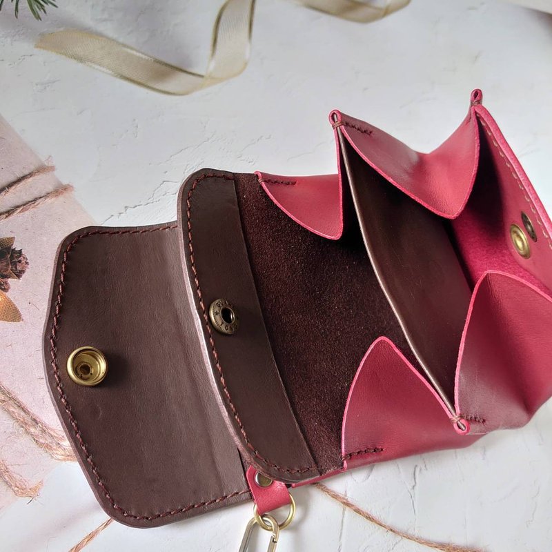 Flip-top multi-layer card coin storage bag - with handle strap - vegetable tanned cowhide - hand-stitched - กระเป๋าใส่เหรียญ - หนังแท้ 