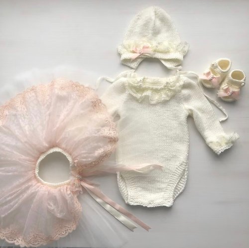 V.I.Angel Hand knit ivory outfit for baby girl: romper, tutu skirt, hat, booties.