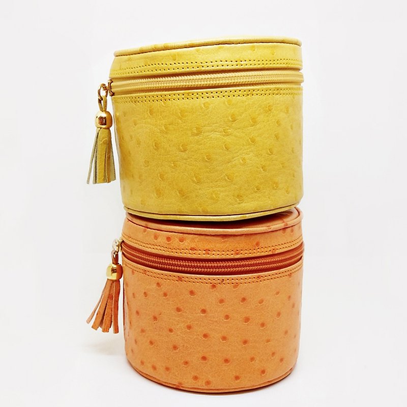 Viennese ostrich leather pattern cylindrical multi-purpose storage bag | LA OBRA - Toiletry Bags & Pouches - Genuine Leather Orange