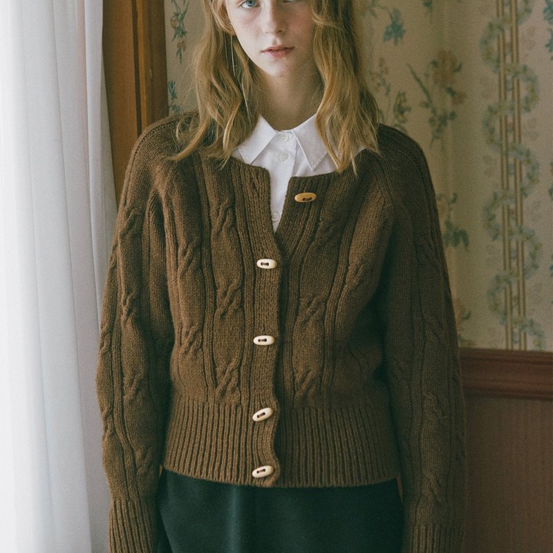 Vintage Cable Wool Knit Cardigan_Brown - Women's Sweaters - Wool Brown