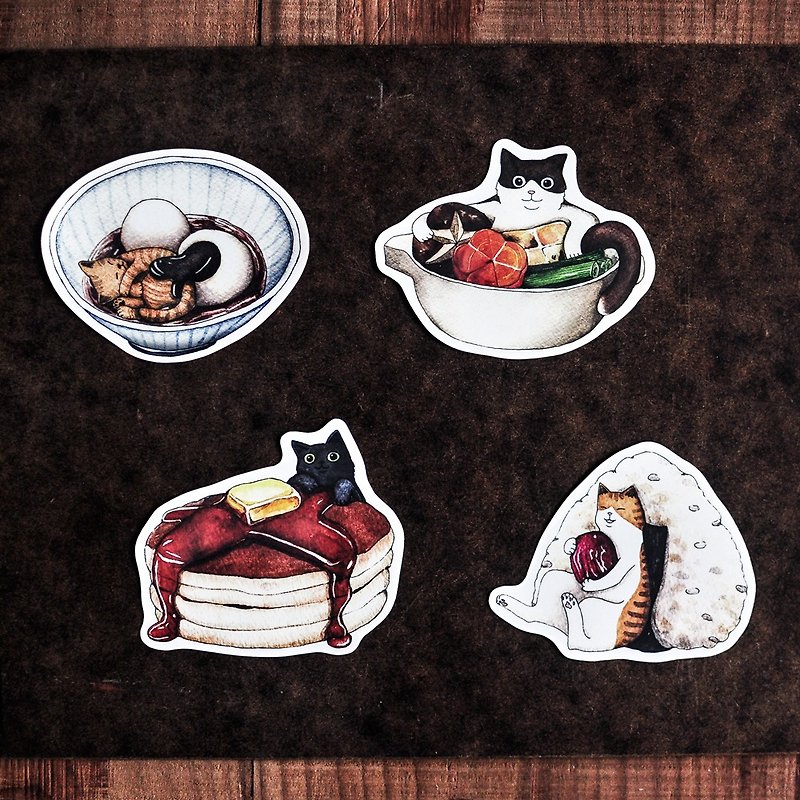 貓咪好食防水貼紙/芝麻湯圓/火鍋/美式鬆餅(黑貓)/御飯糰-Sticker - 貼紙 - 紙 多色
