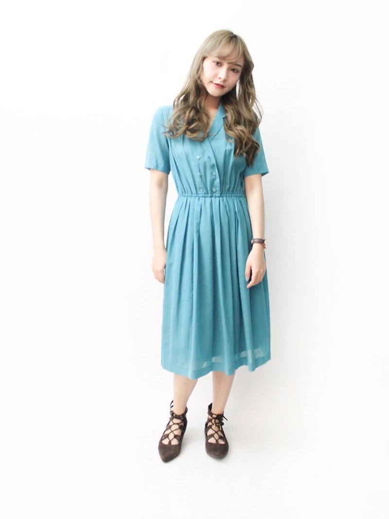 【RE1004D1411】早秋日本製復古簡約Ｖ領藍色短袖古著洋裝 - 洋裝/連身裙 - 聚酯纖維 藍色