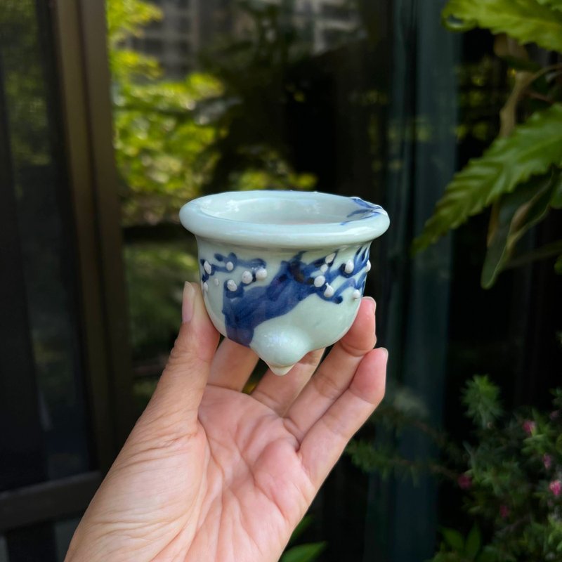 日本瀨戶燒∣青瓷染付梅樹迷你圓鉢 - 盆栽/植栽 - 陶 