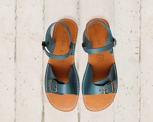 Crupon 藍綠色皮革涼鞋、夏季鞋、可定制涼鞋、腳形較寬、腳形較窄