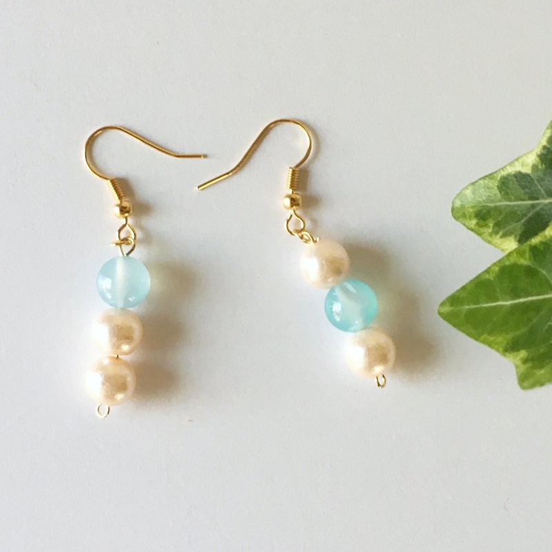 Sea Blue Chalcedony and Pearl Beads Triple Earrings or Earrings - Earrings & Clip-ons - Gemstone Blue
