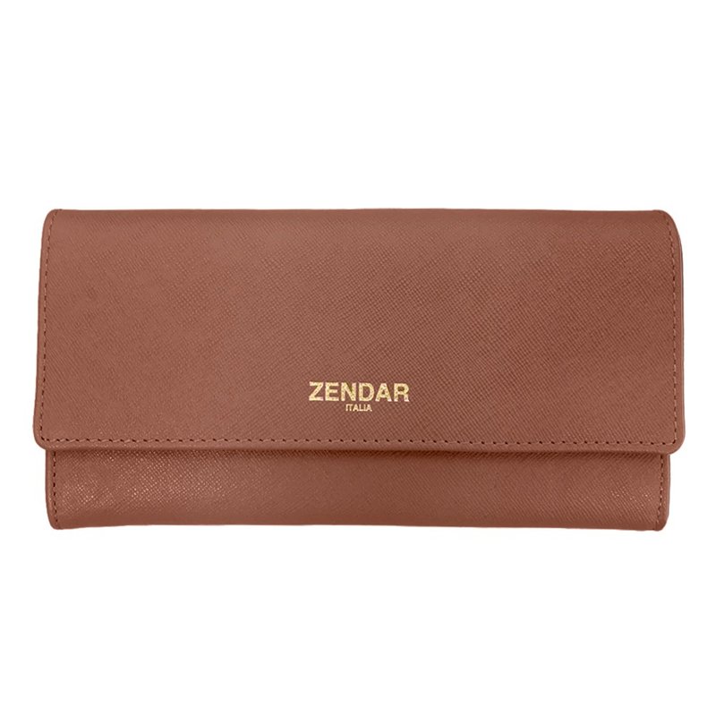 ZENDAR 限量1折 頂級小牛皮鈕扣翻蓋長夾 全新專櫃展示品 - 錢包/皮夾/長短夾 - 真皮 咖啡色