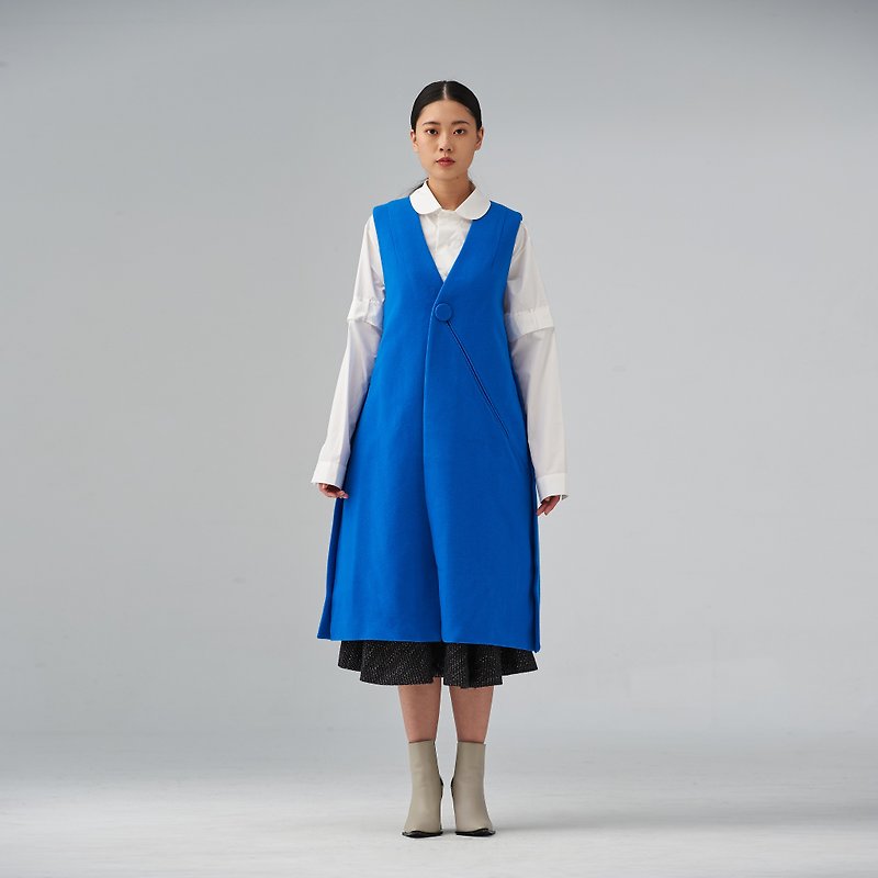 Blue long collarless wool vest - Women's Casual & Functional Jackets - Wool Blue