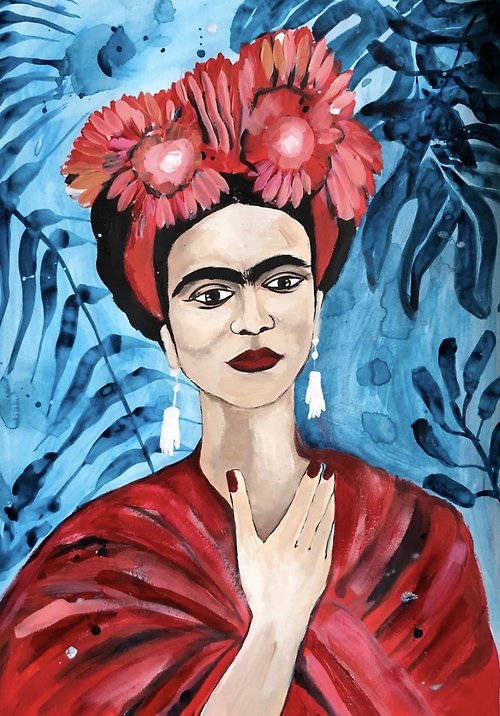 Gala Frida Kahlo 弗里達 卡羅 原創紙上丙烯畫野獸派藝術女性肖像